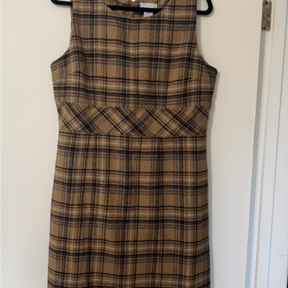 ALFRED SUNG Tan and Black Sheath Midi Dress Crew Neck Sleeveless